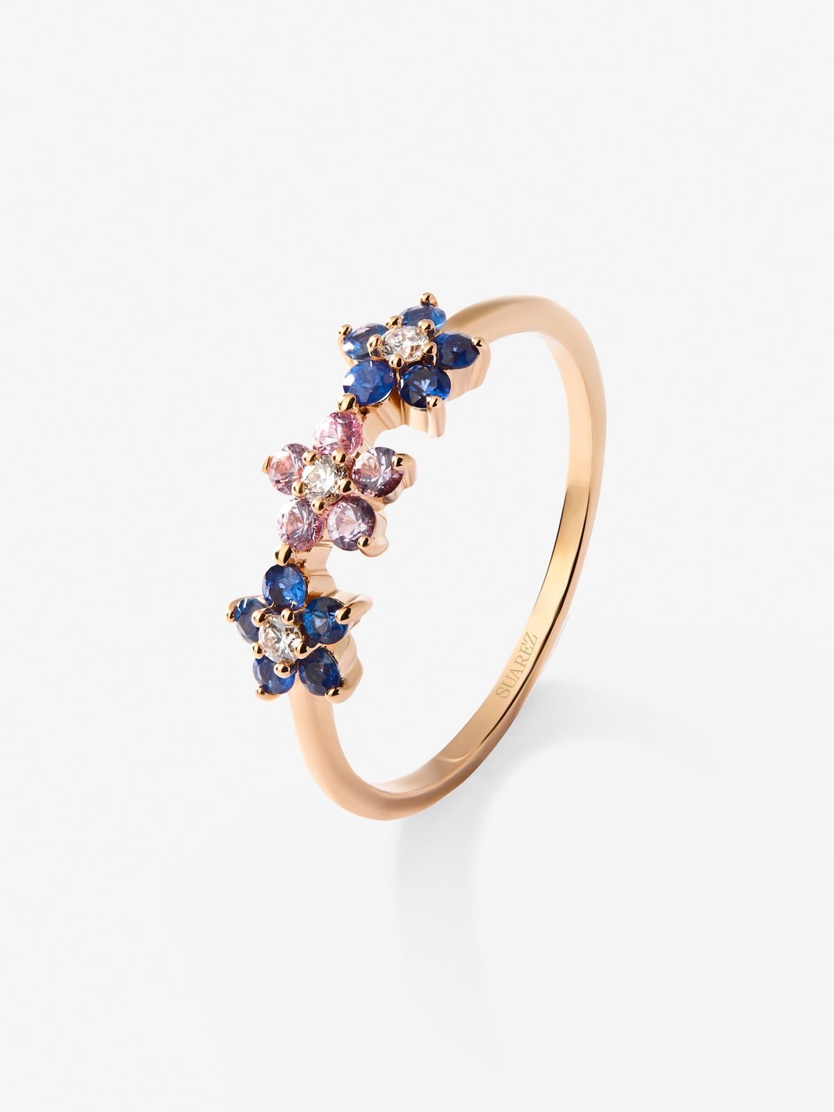 18kt rose gold flowers ring with diamond and sapphires