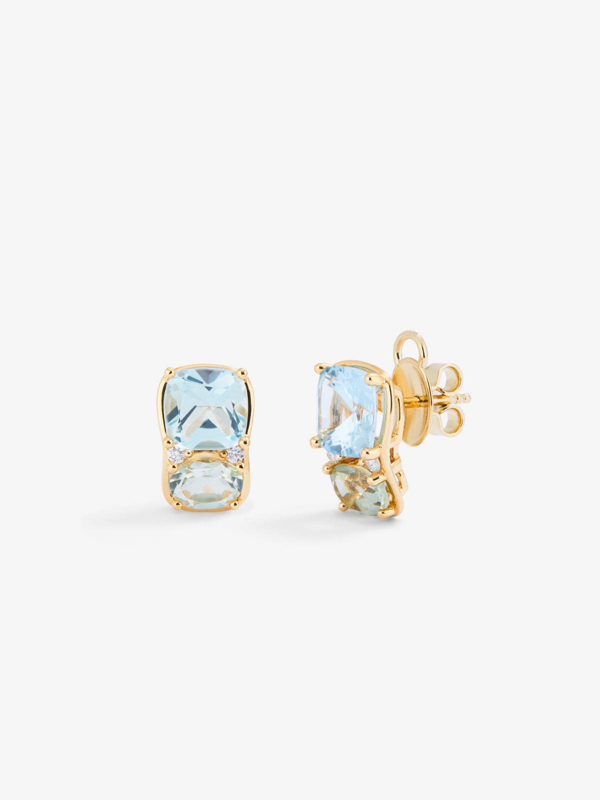 18K yellow gold earrings with 2 cushion-cut sky blue topazes with a total of 6.4 cts, 2 oval-cut green amethysts with a total of 1.62 cts and 4 brilliant-cut diamonds with a total of 0.11 cts