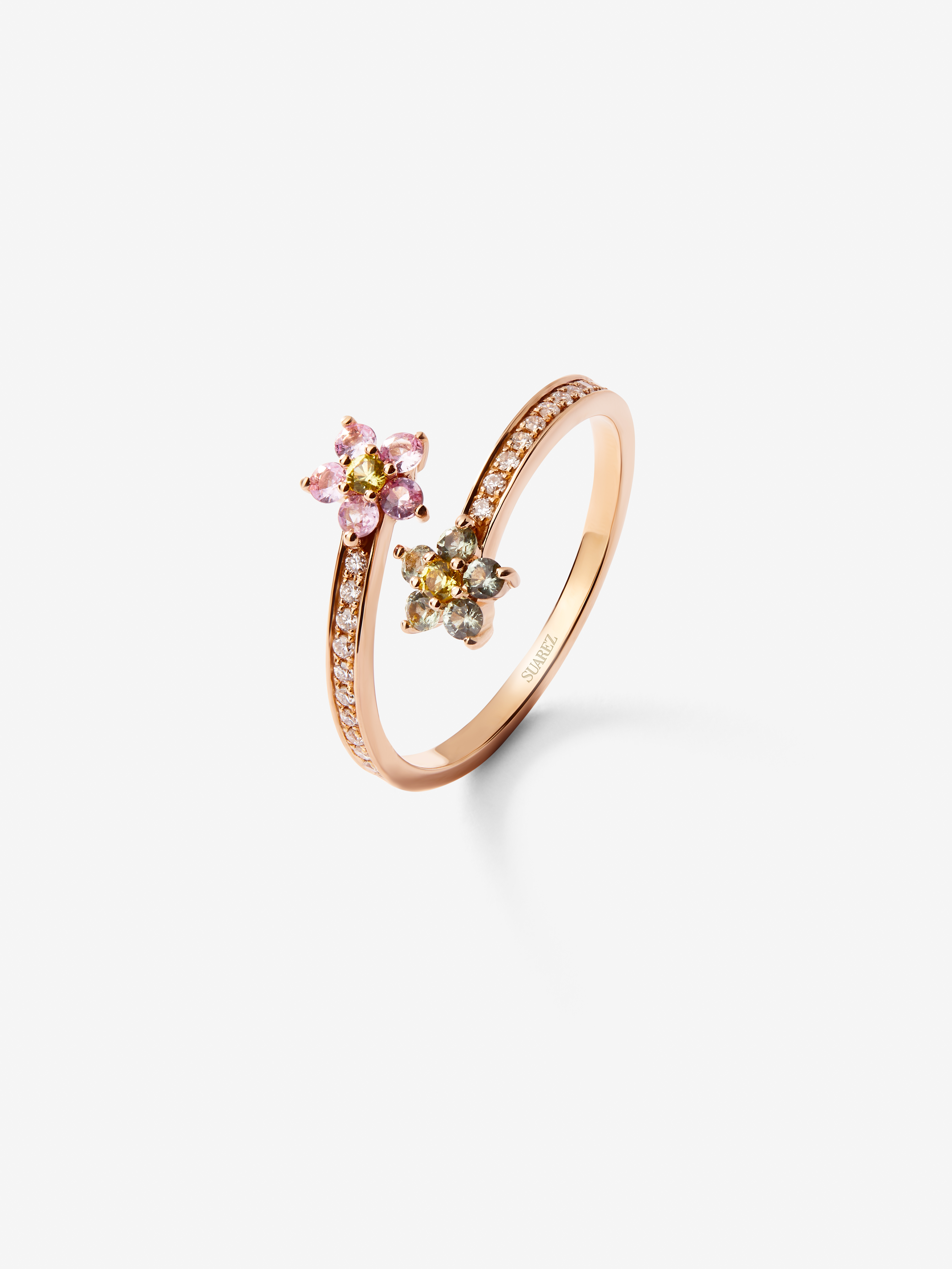 18K rose gold ring with pink and green sapphires in bright size of 0.26 cts and white diamonds in bright 0.1 cts