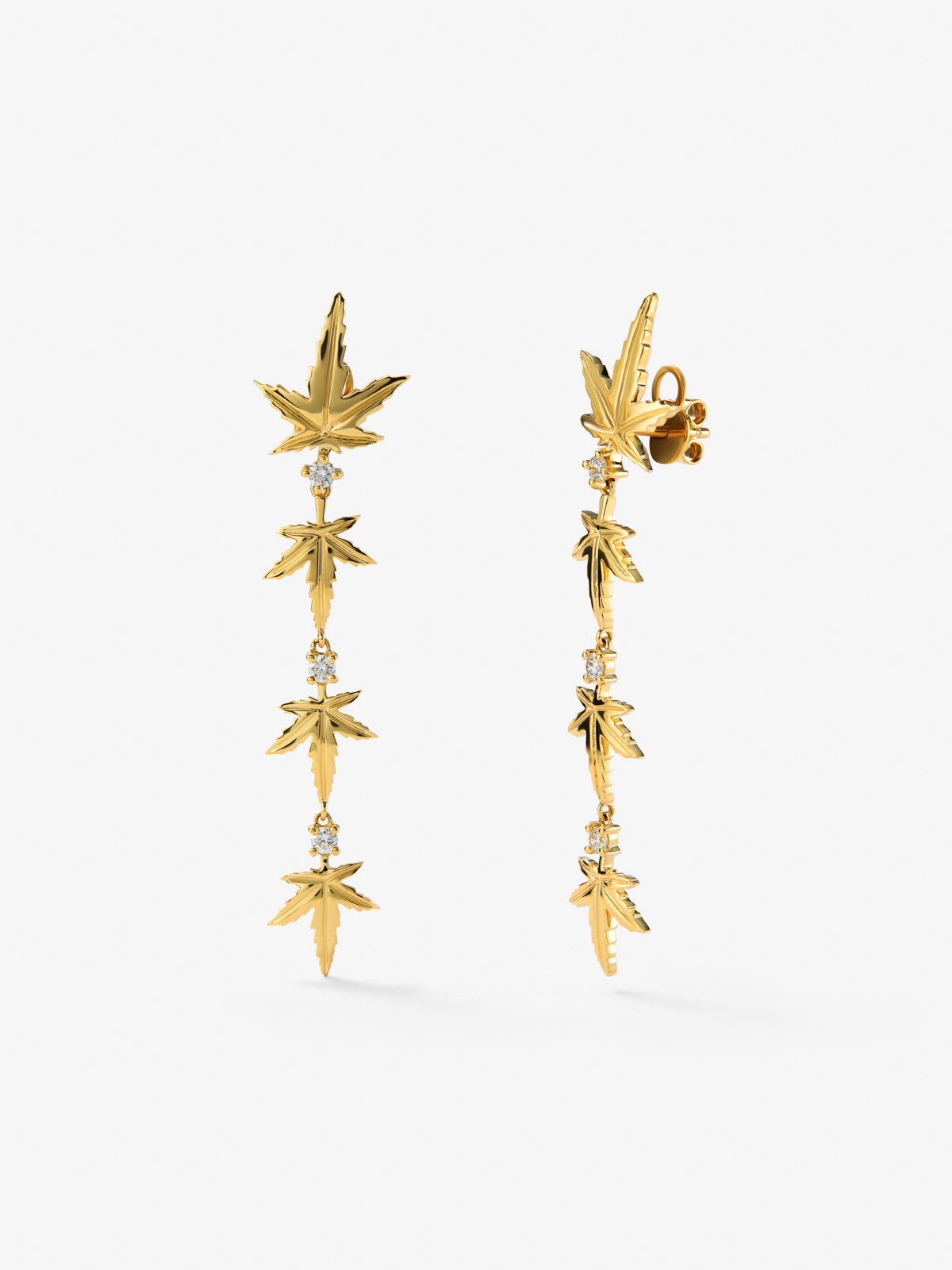 18K yellow gold earrings with six brilliant-cut diamonds totaling 0.29 cts, in a maple leaf design
