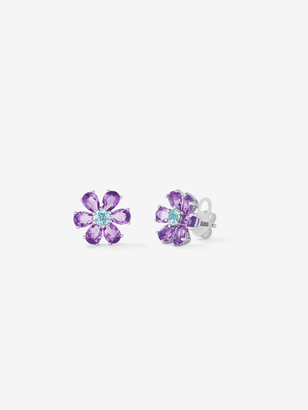 Pendientes flor de plata 925 con topacio y amatista