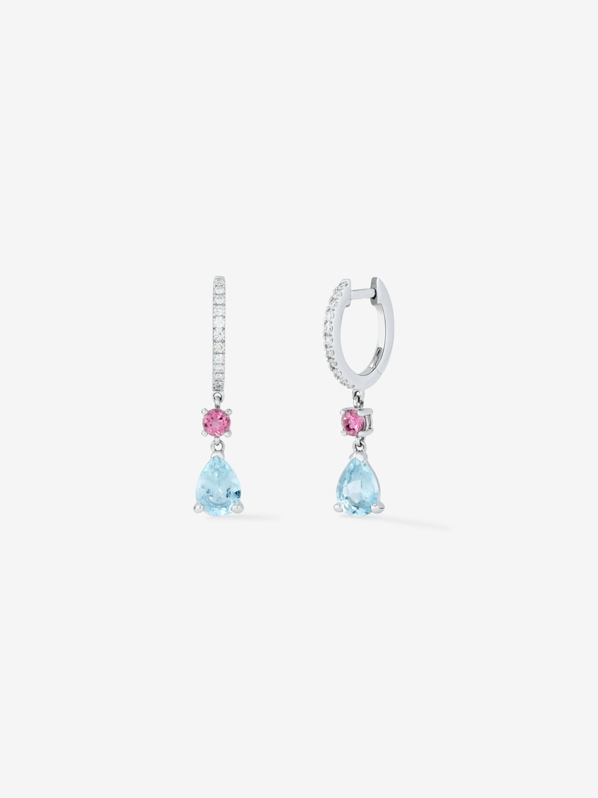 Hoop earrings with 18K white gold pendant featuring aquamarine and tourmaline.