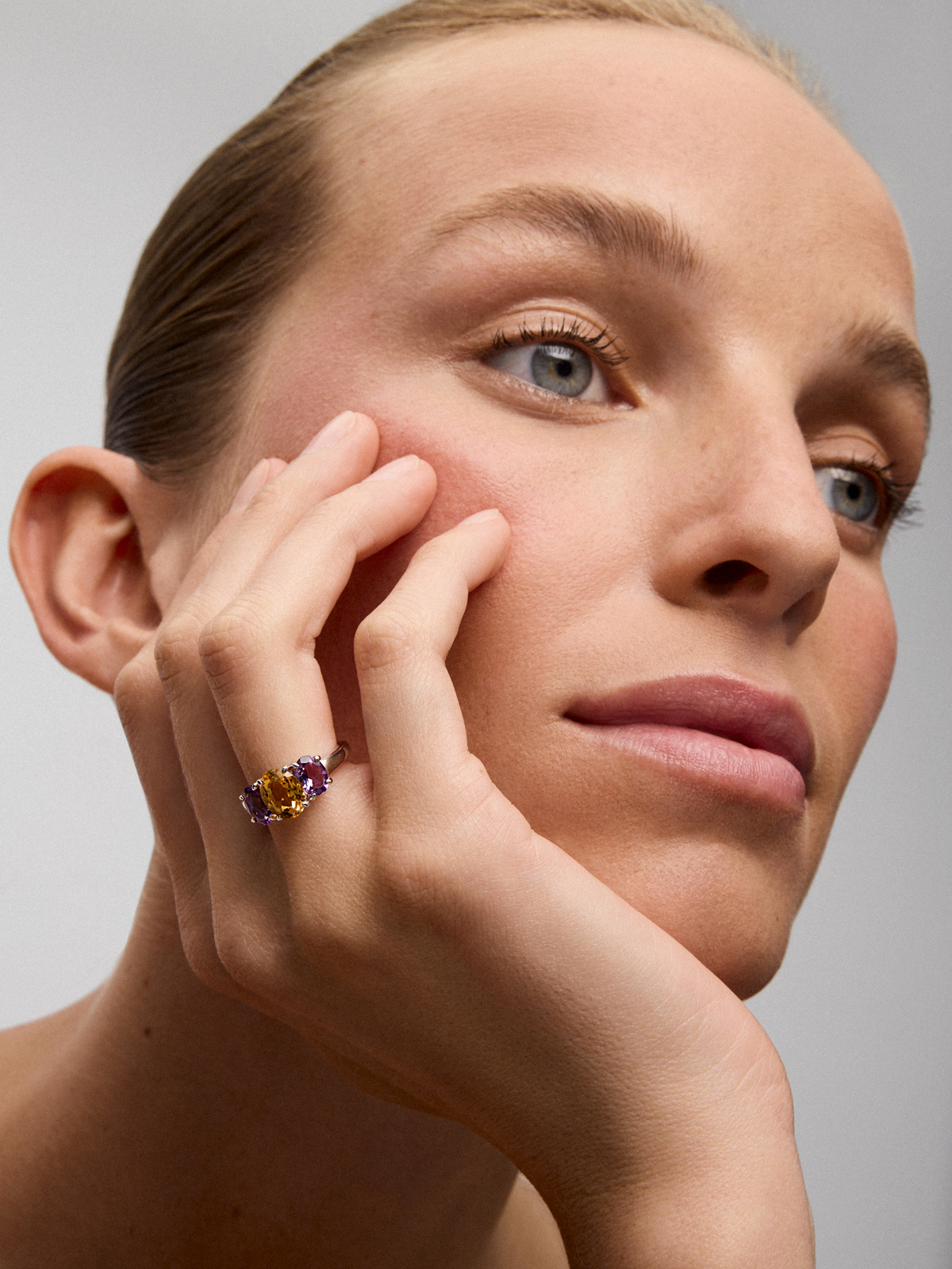 925 silver triple ring with oval-cut citrine quartz and 2 oval-cut purple amethysts