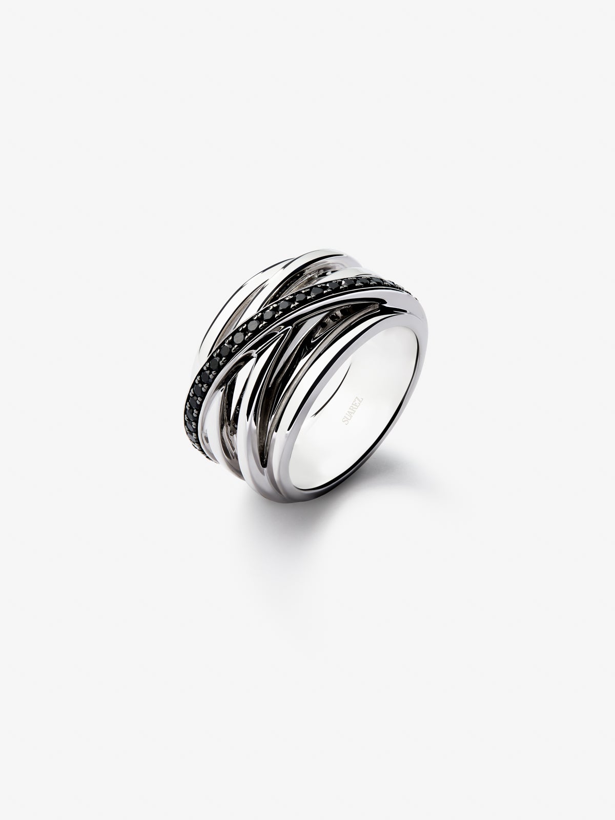 925 silver crossed multi-arm ring with 36 brilliant-cut black spinels