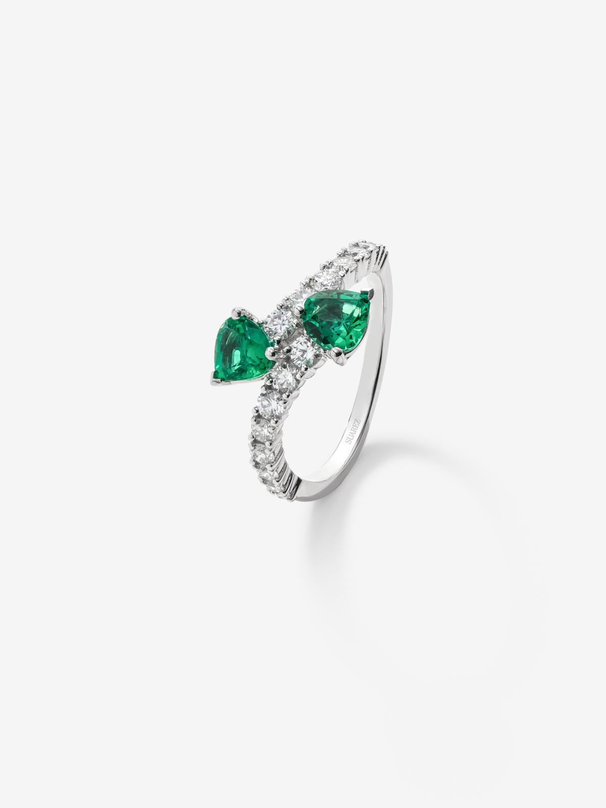 You and I 18k White Gold Ring with Green Emeralds in 0.98 cts and white diamonds in a bright 0.6 cts diamonds