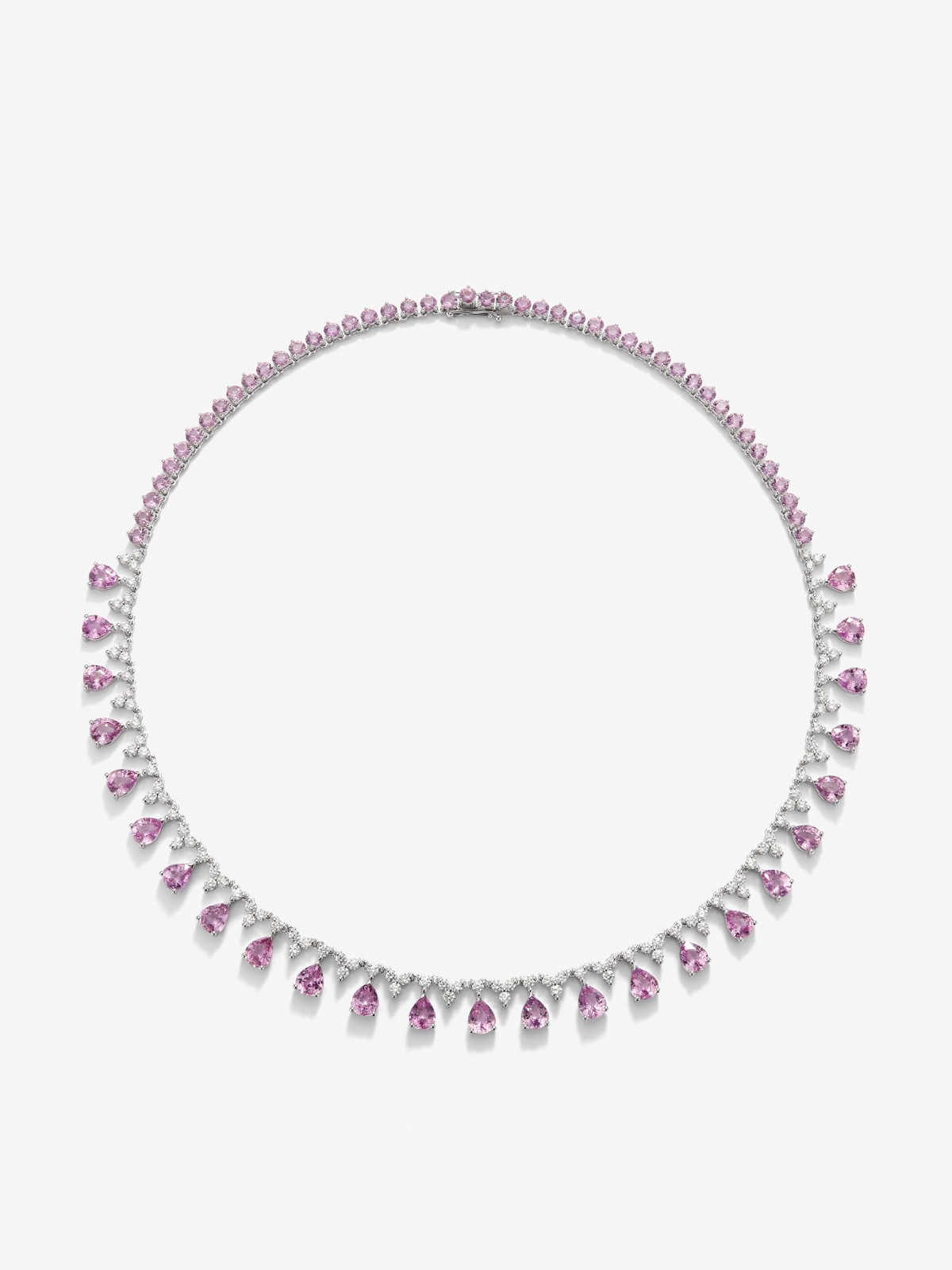 18K White Gold Rivière Collar with pink sapps in pear size and bright 26.89 cts and white diamonds in bright size of 3.85 cts