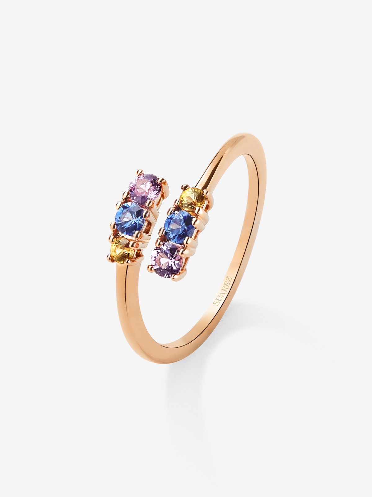 Anillo tú y yo de oro rosa de 18K con 6 zafiros multicolor con un total de 0,49 cts