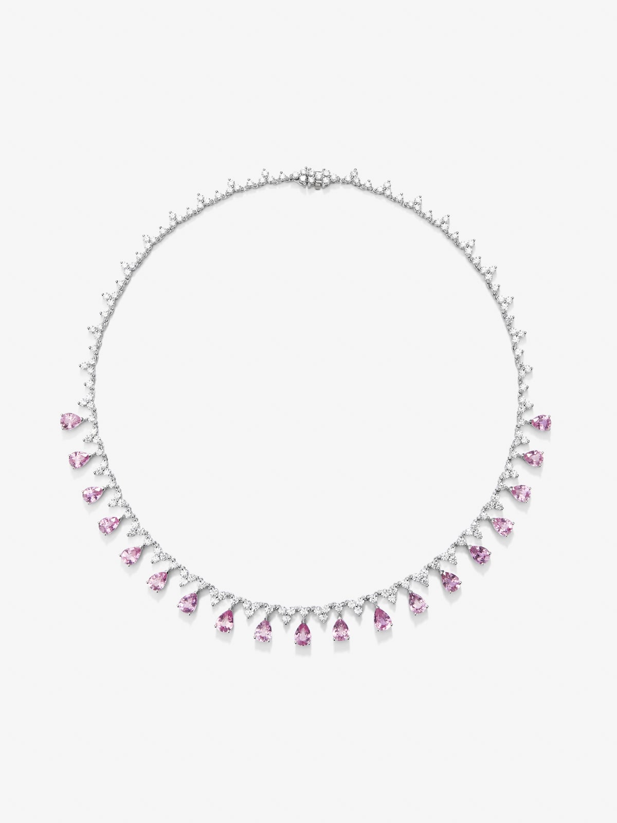 18K white gold rivière necklace with 19 pear-cut pink sapphires with a total of 16.03 cts and 161 round-cut diamonds with a total of 8.85 cts