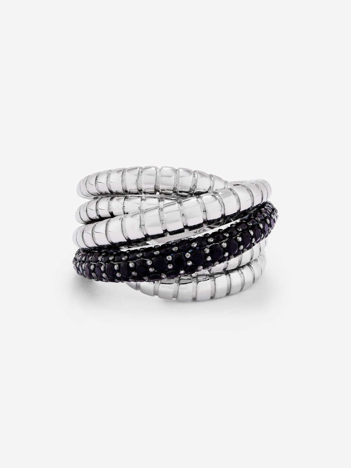 Anillo multibrazo de plata 925 con espinelas negras en talla brillante 