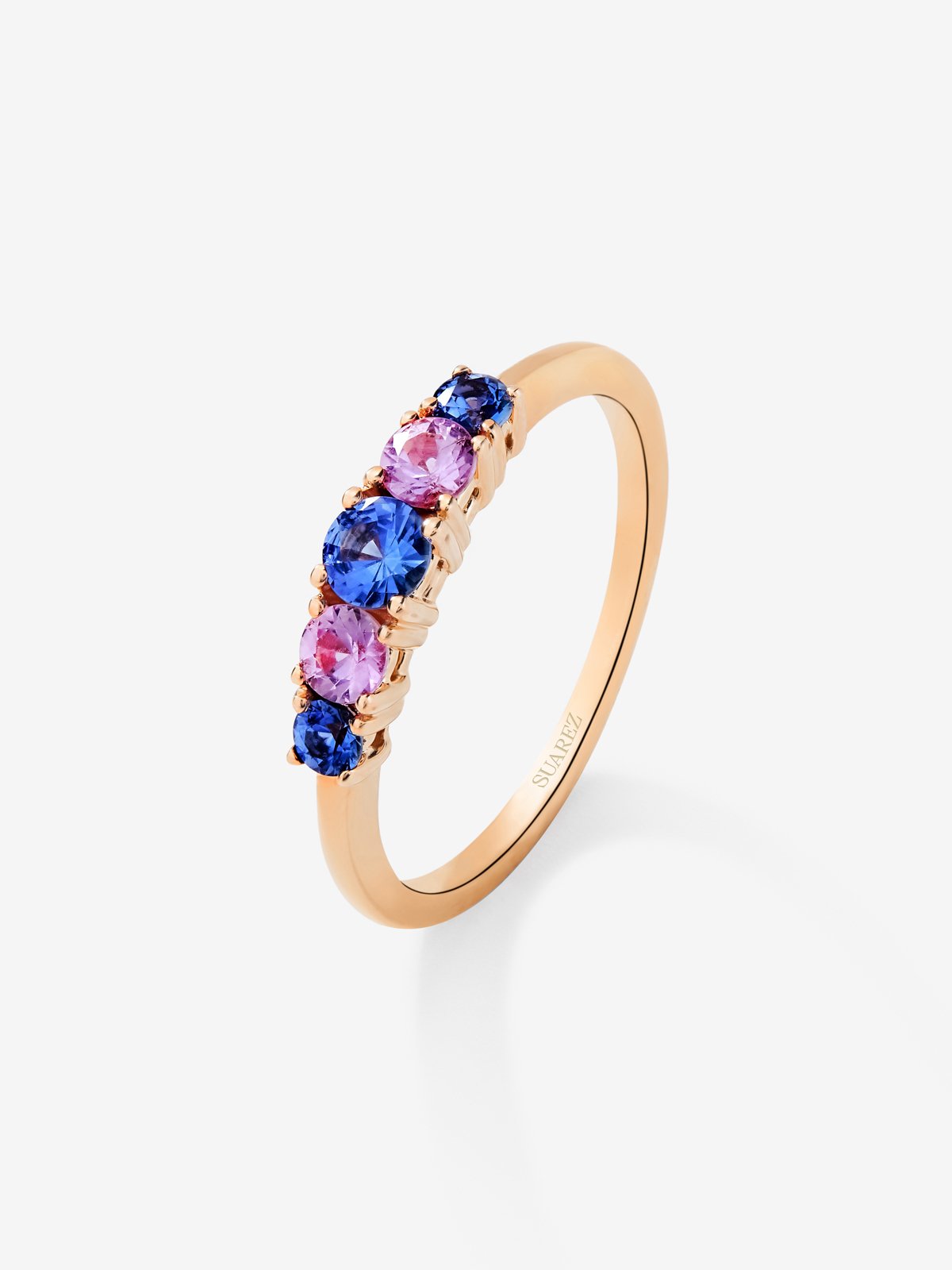 Anillo cinquillo de oro rosa de 18K con 5 zafiros rosas y azules en talla brillante con un total de 0,52 cts