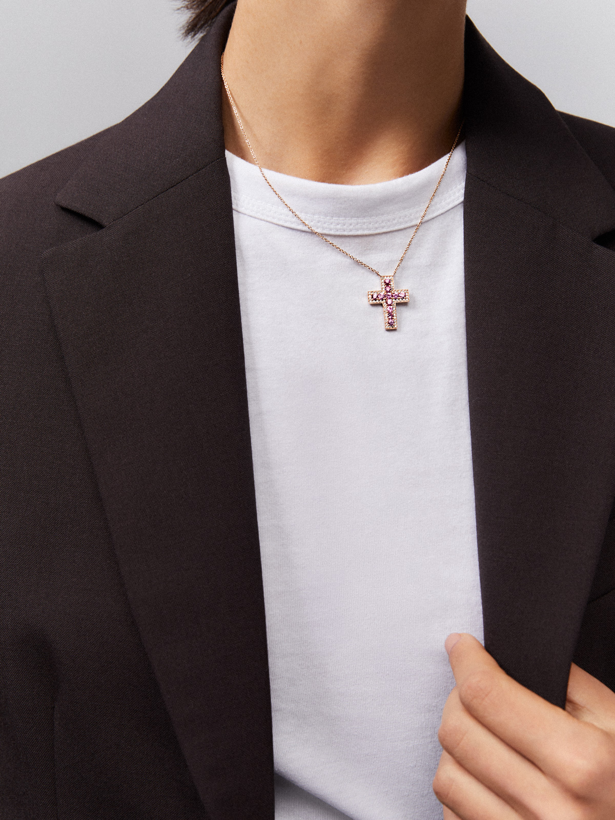 18kt rose gold cross pendant with diamonds and pink sapphires