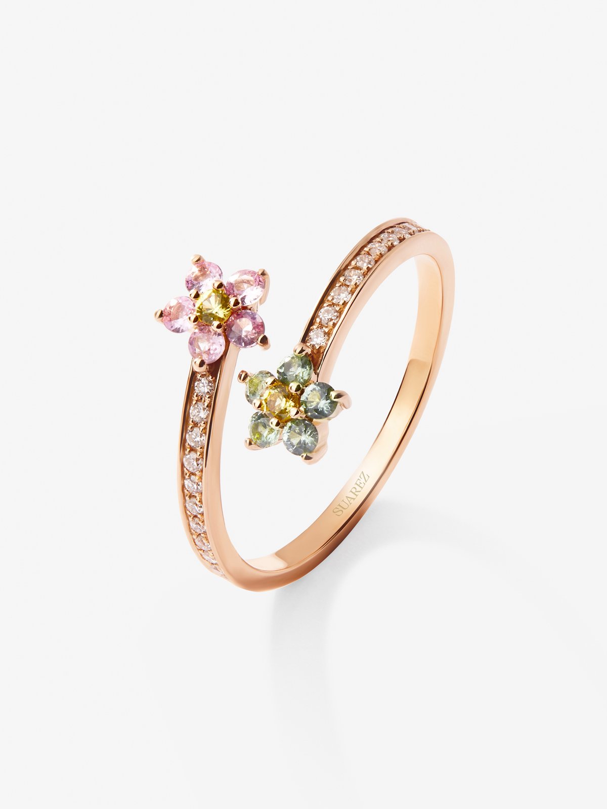 Anillo de oro rosa de 18K con 12 zafiros multicolor en talla brillante con un total de 0,26 cts y 22 diamantes en talla brillante con un total de 0,1 cts
