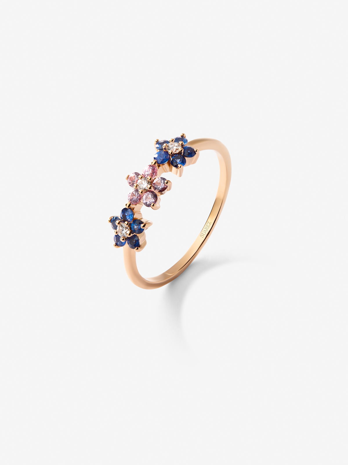 18kt rose gold flowers ring with diamond and sapphires