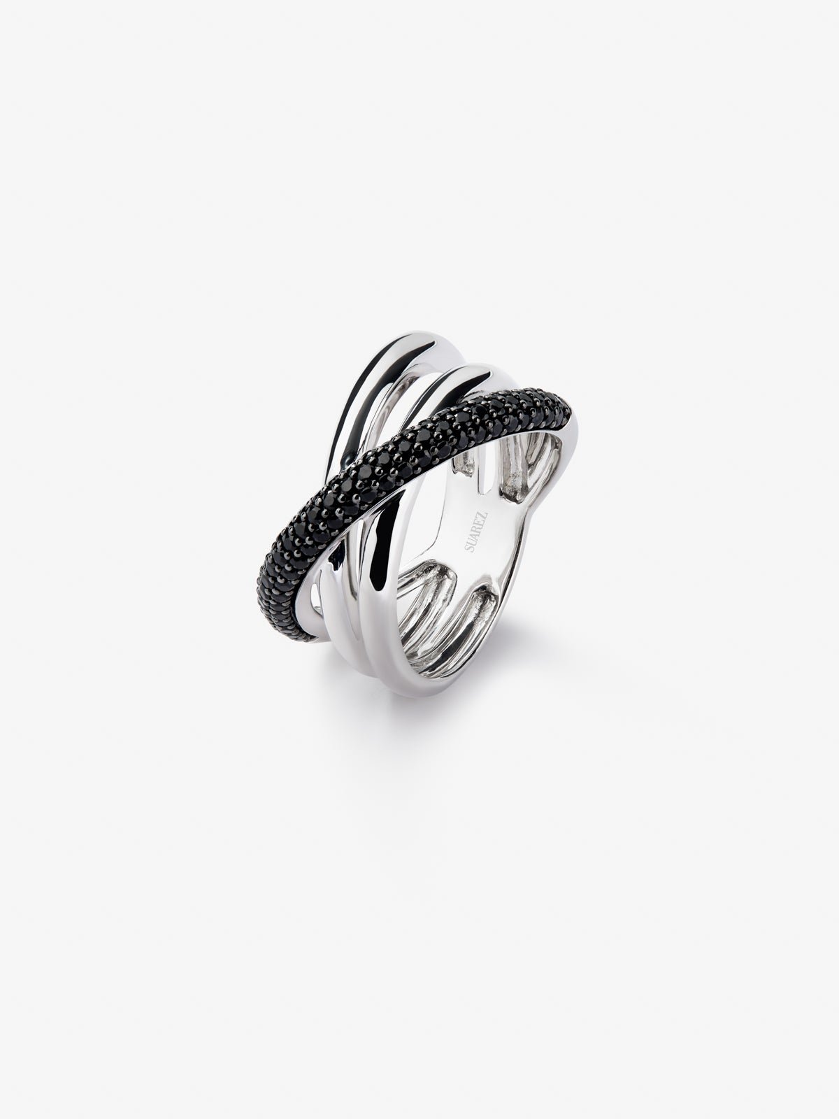 925 silver crossed multi-arm ring with brilliant-cut black spinels