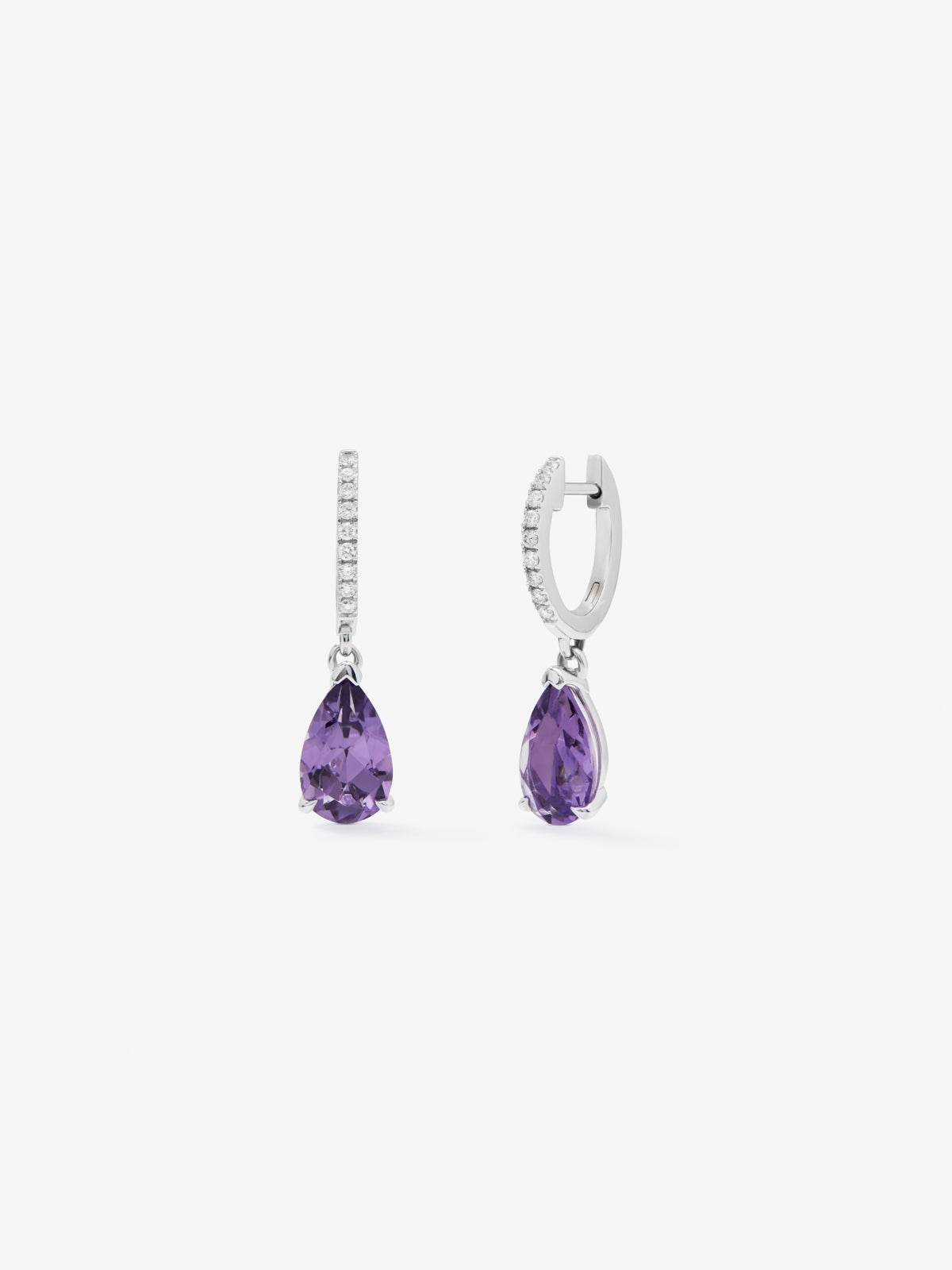 18K White Gold Hoop Earrings with Amethyst and Diamond Pendant