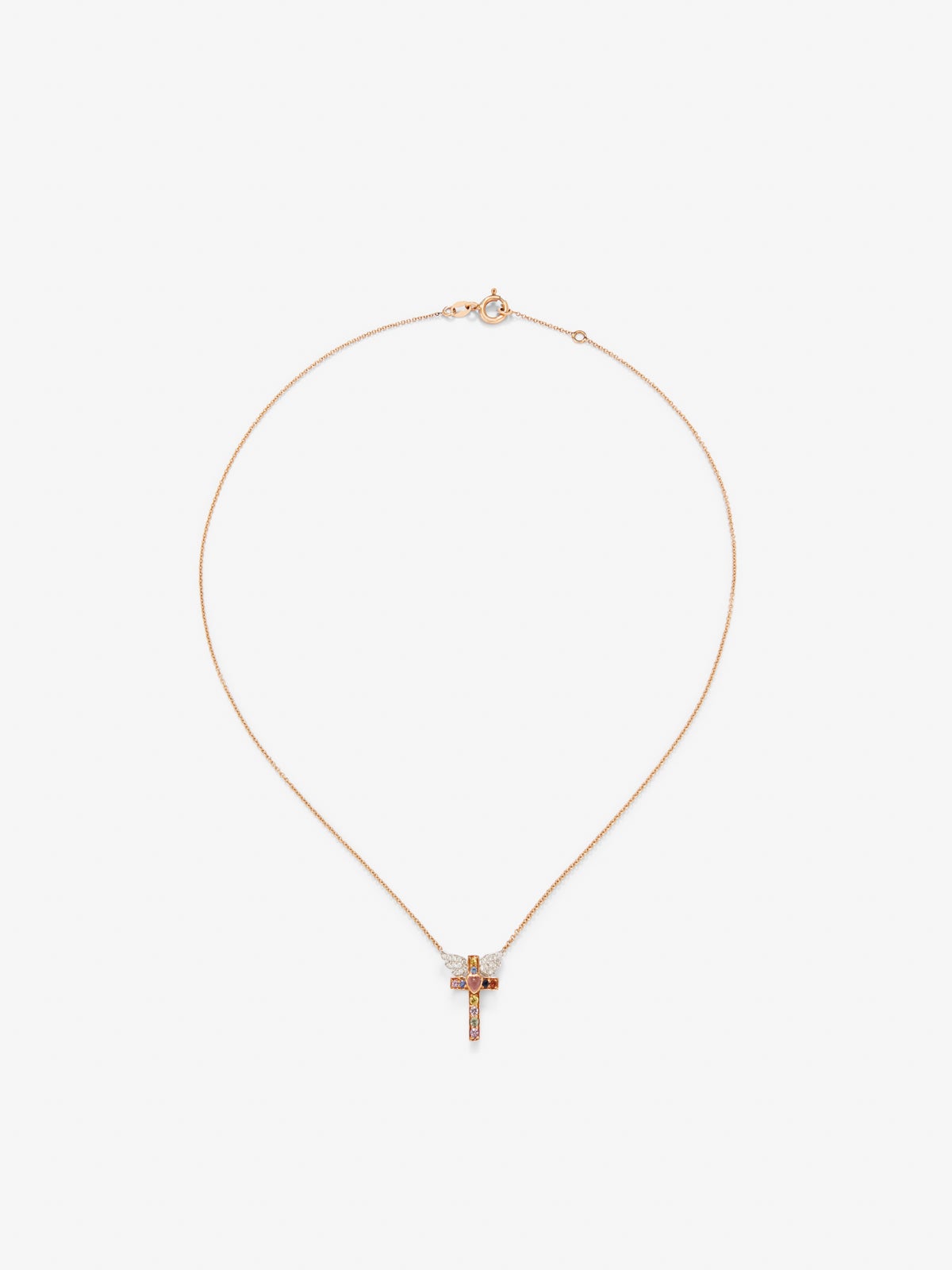 18K Rose Gold Cross Pendant Chain with Sapphire and Diamond.