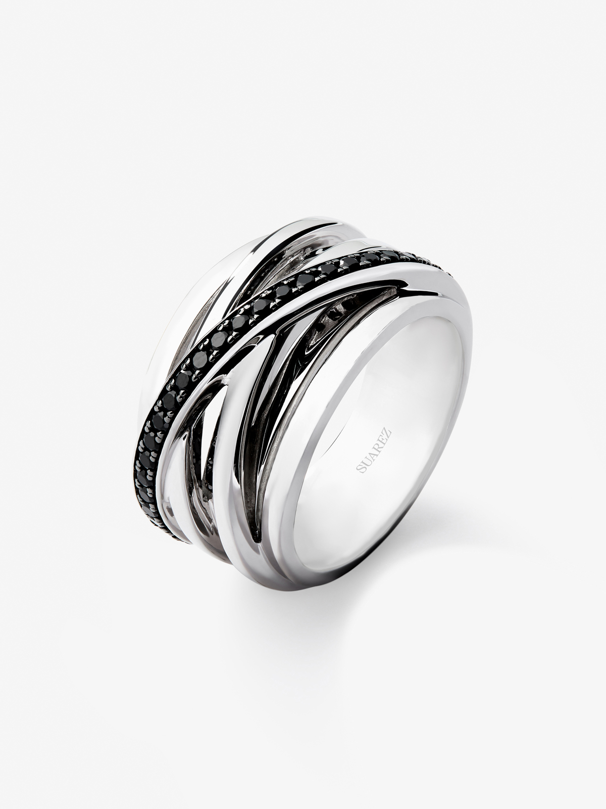 925 silver crossed multi-arm ring with 36 brilliant-cut black spinels