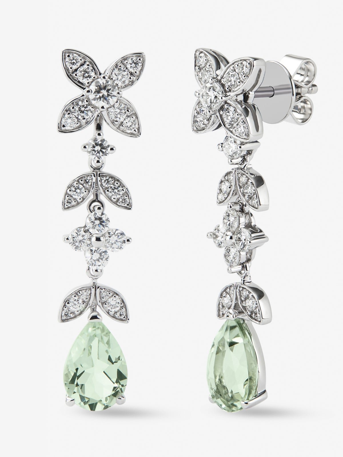 Pendientes de oro blanco de 18K con 52 diamantes en talla brillante con un total de 0,95 cts y amatistas verdes en talla pera