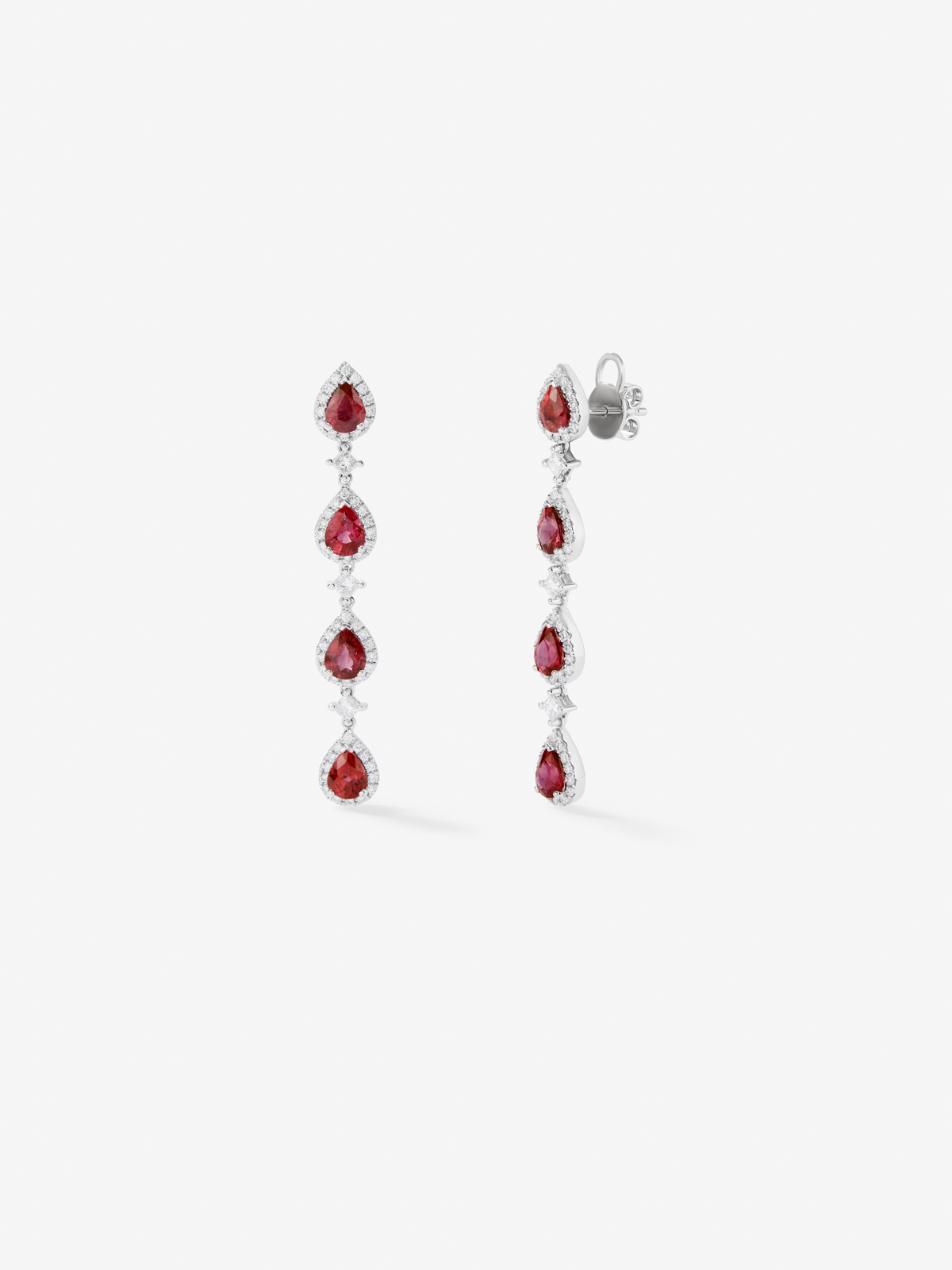 18k white gold earrings with red rubies in pear size 2.86 cts and white diamonds in bright size and 0.73 cts princess