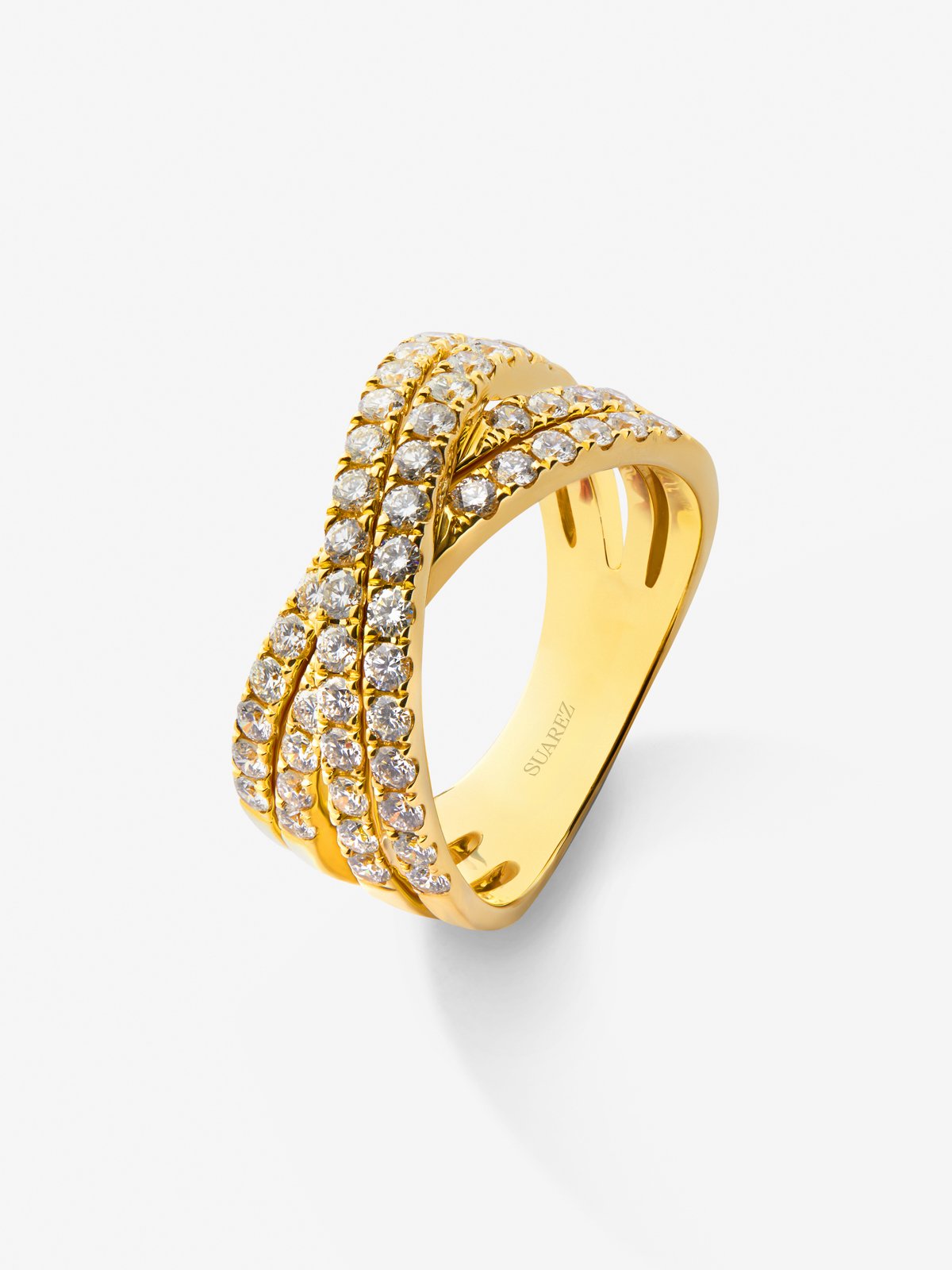 Anillo doble cruzado de oro amarillo de 18K con 52 diamantes en talla brillante con un total de 1,13 cts