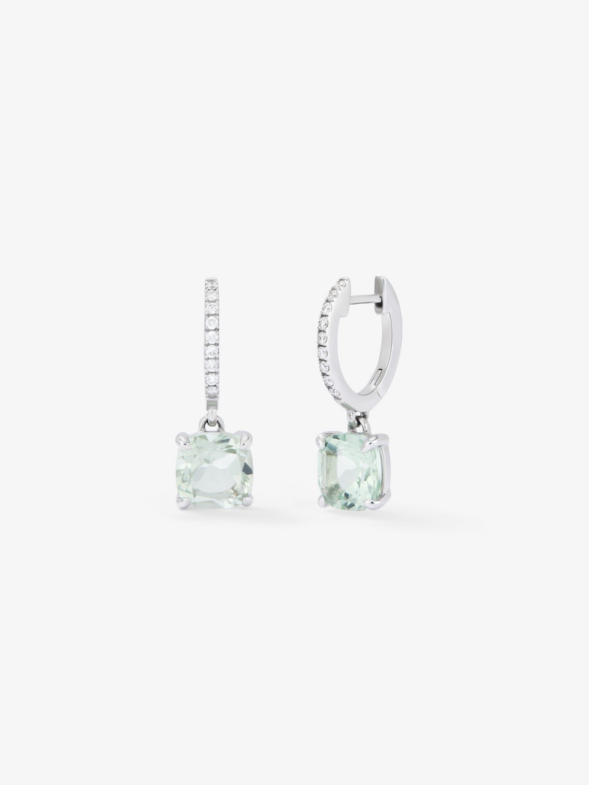 18K white gold hoop earrings with 2 green amethysts totaling 3.27 cts and 18 diamonds totaling 0.14 cts