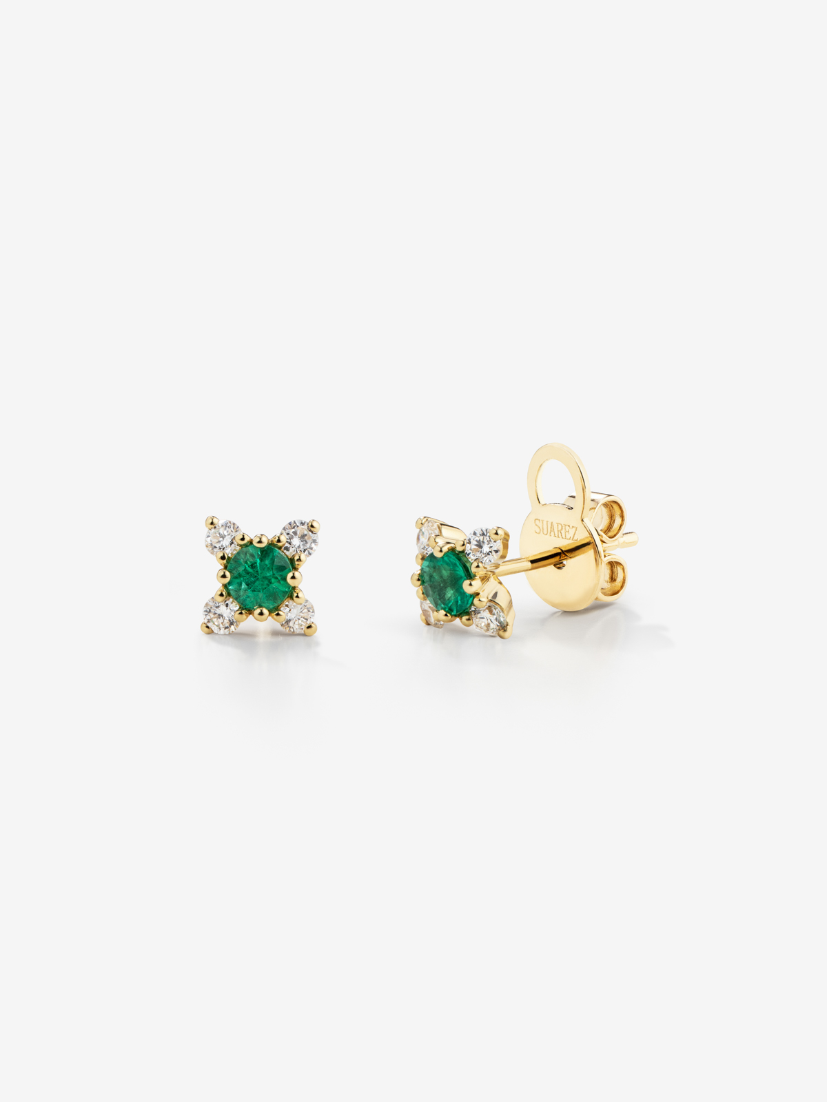 18K yellow gold flower earrings with emerald and diamonds.