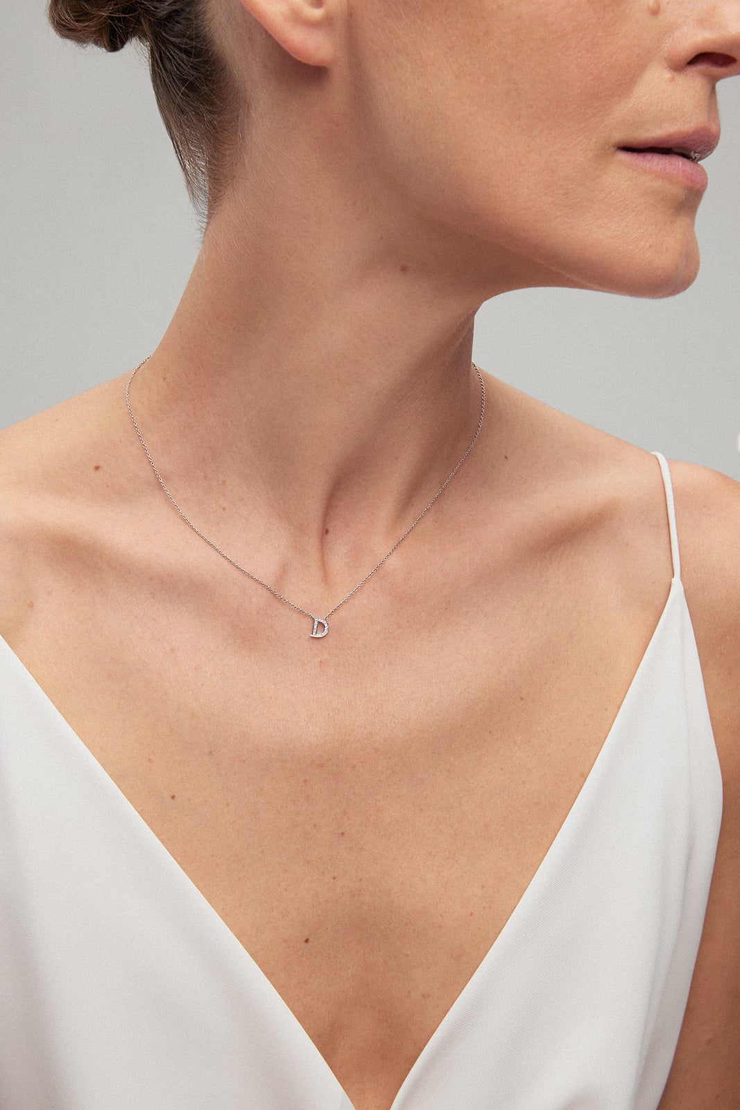 18K white gold pendant chain with initial and diamonds