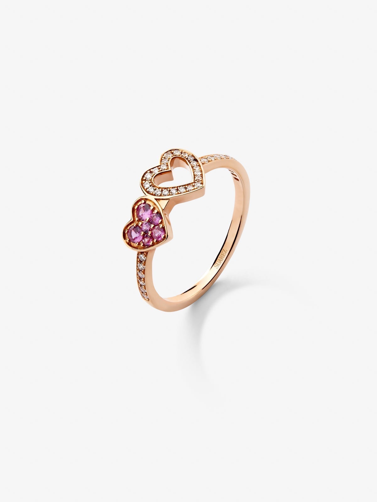 18kt rose gold ring of hearts with diamonds and pink sapphires