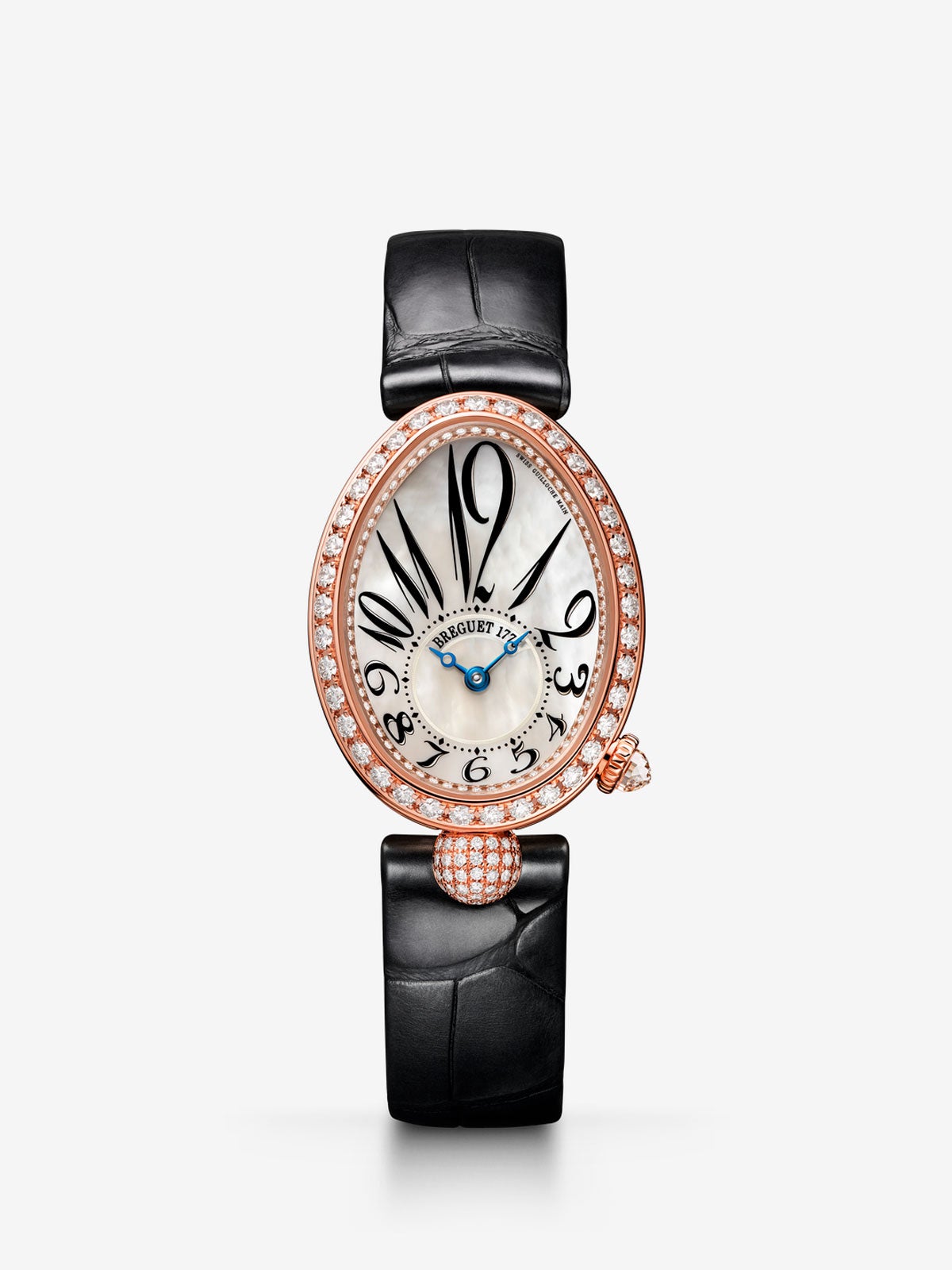 Breguet Reine de Naples watch in 18K rose gold, mother-of-pearl and diamonds, leather bracelet, with sapphire crystal and mechanical movement