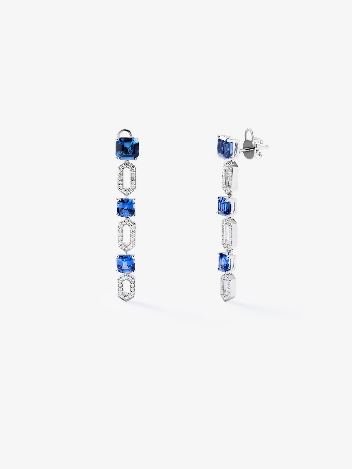 18K white gold earrings with blue zafiros in octagonal size 5.32 cts and white diamonds in bright 0.32 cts