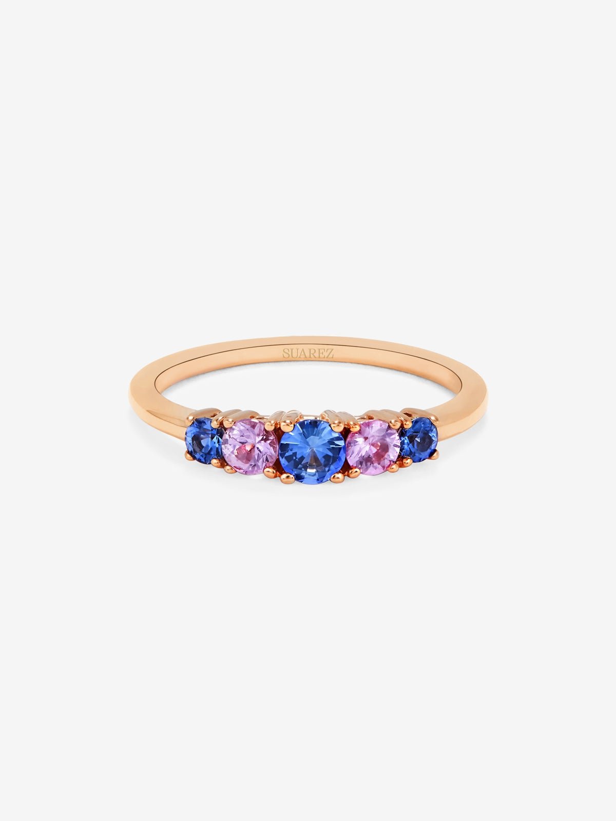 18K rose gold cinquillo ring with 5 brilliant-cut pink and blue sapphires with a total of 0.52 cts
