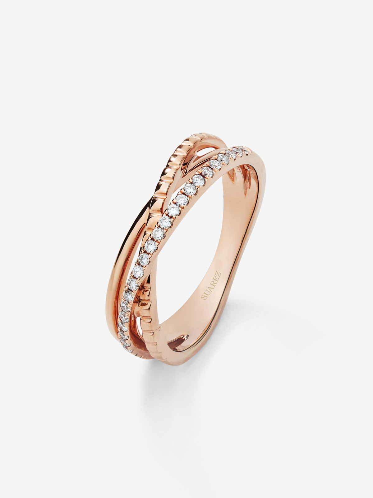 18K Rose Gold Triple Band Crossed Ring with Diamonds