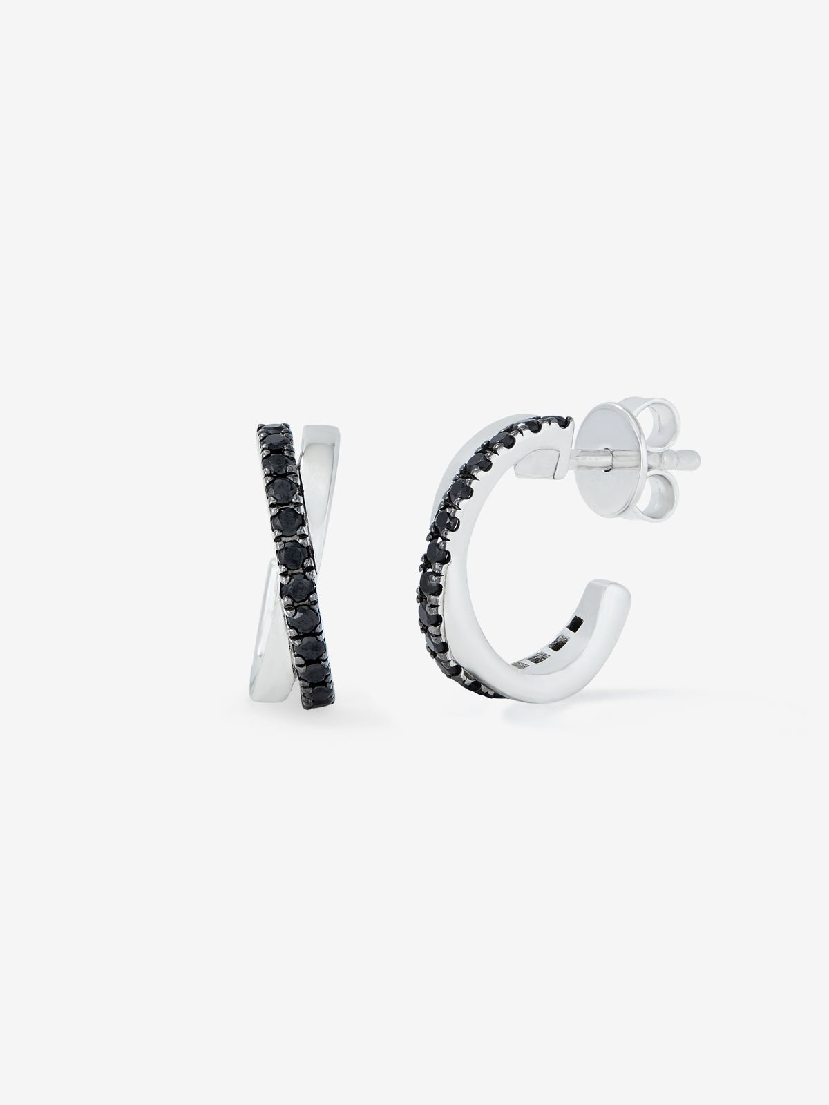 Thin cross hoop earrings made of 925 silver with spinels.