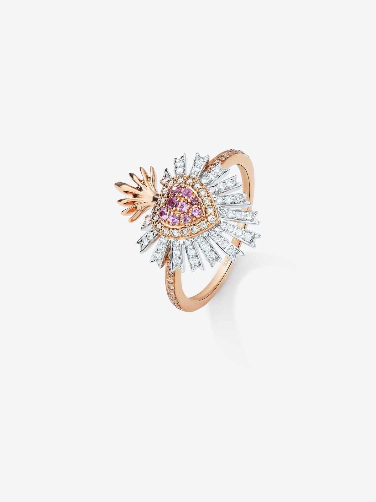 18K pink and white gold ring with 9 brilliant-cut pink sapphires with a total of 0.1 cts, 46 brilliant-cut diamonds with a total of 0.17 cts and 40 brilliant-cut brown diamonds with a total of 0. 17 cts