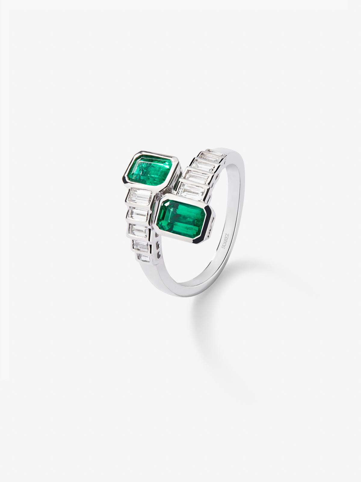 You and I 18k White Gold Ring with Green Emeralds in Octagonal Size 1.28 cts and white diamonds in 0.57 cts baggos