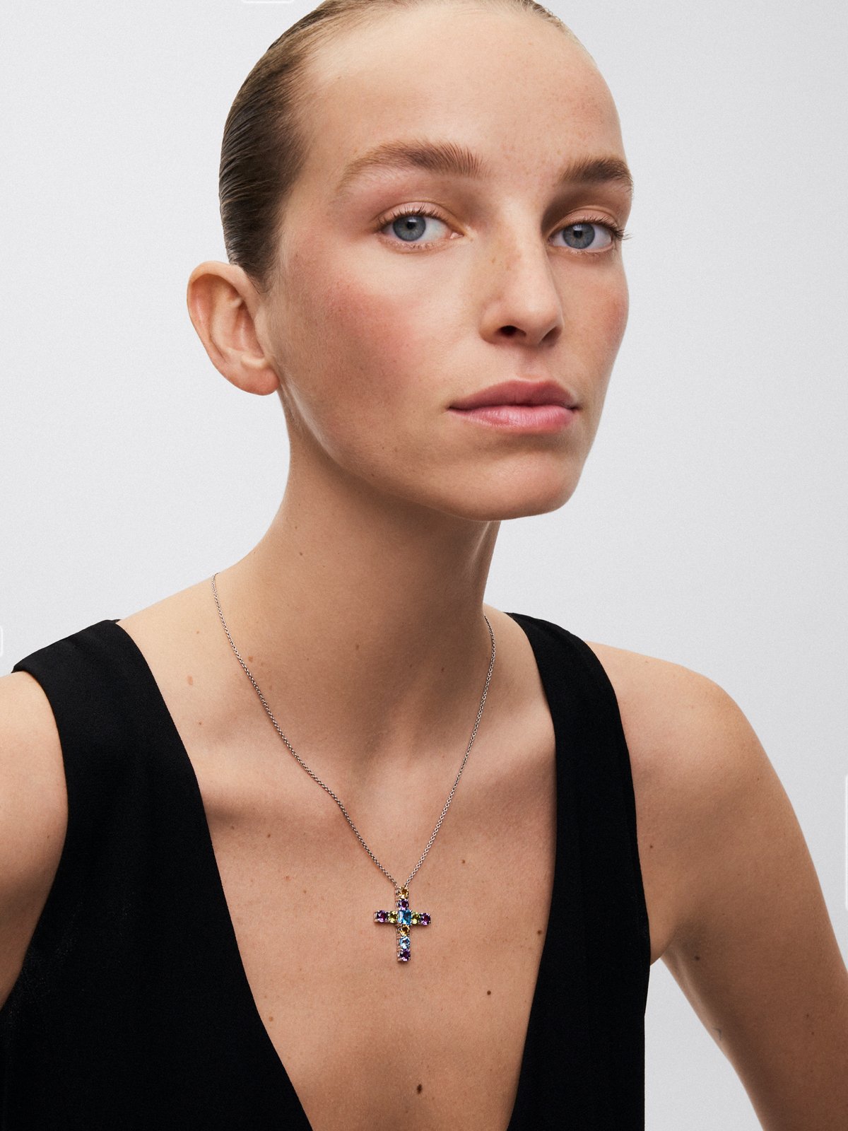 925 silver cross pendant with multicolored gems