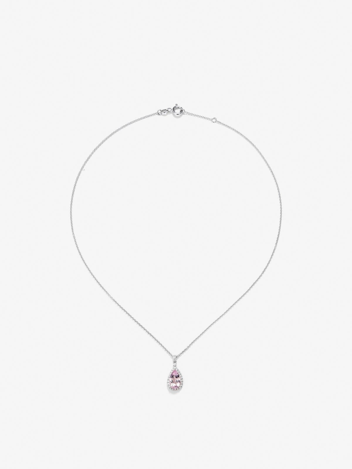 18K white gold pendant with pear-cut pink morganite measuring 1.44 and 29 brilliant-cut diamonds with a total of 0.19 cts