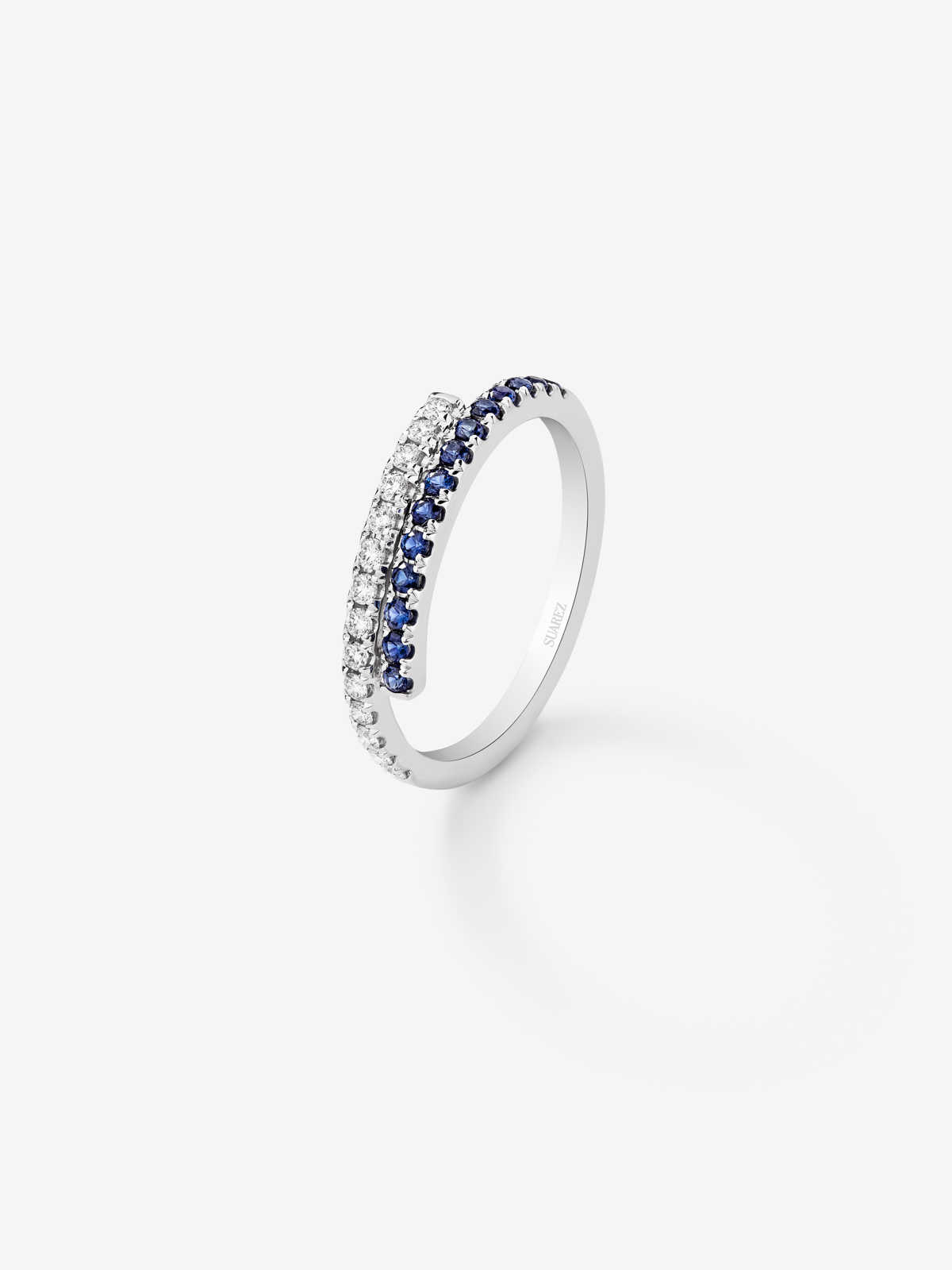 18K white gold half hoop ring with diamond and sapphire