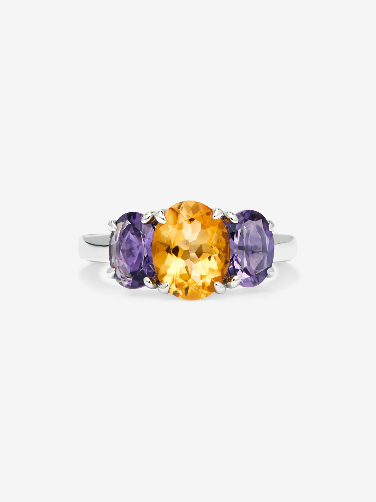 925 silver triple ring with oval-cut citrine quartz and 2 oval-cut purple amethysts