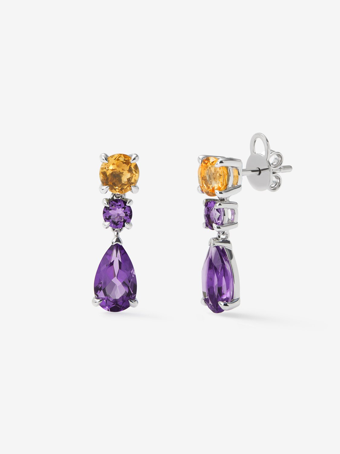 925 silver earrings with pear-cut purple amethysts of 2.56 cts and brilliant cut of 0.42 cts, and brilliant-cut citrine quartz of 1.18 cts