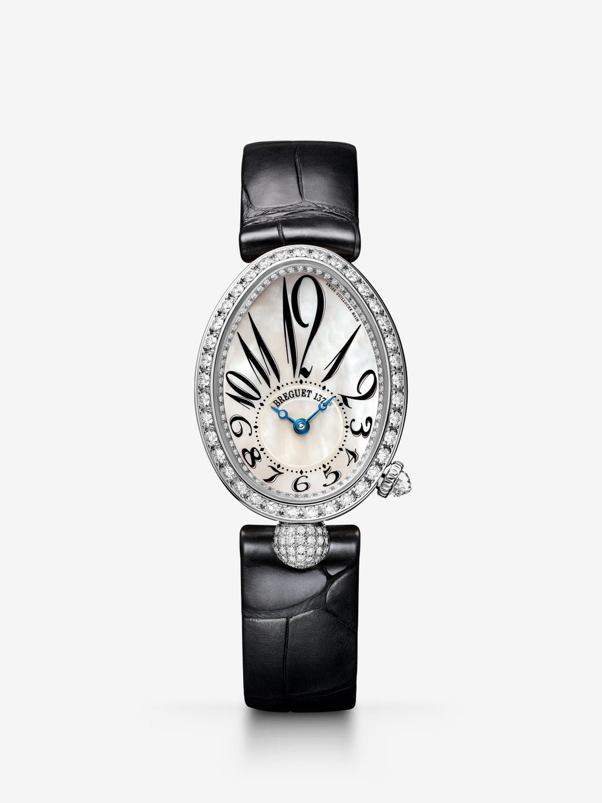 Breguet Reine de Naples watch in 18K white gold, mother-of-pearl and diamonds, leather bracelet, with sapphire crystal and mechanical movement