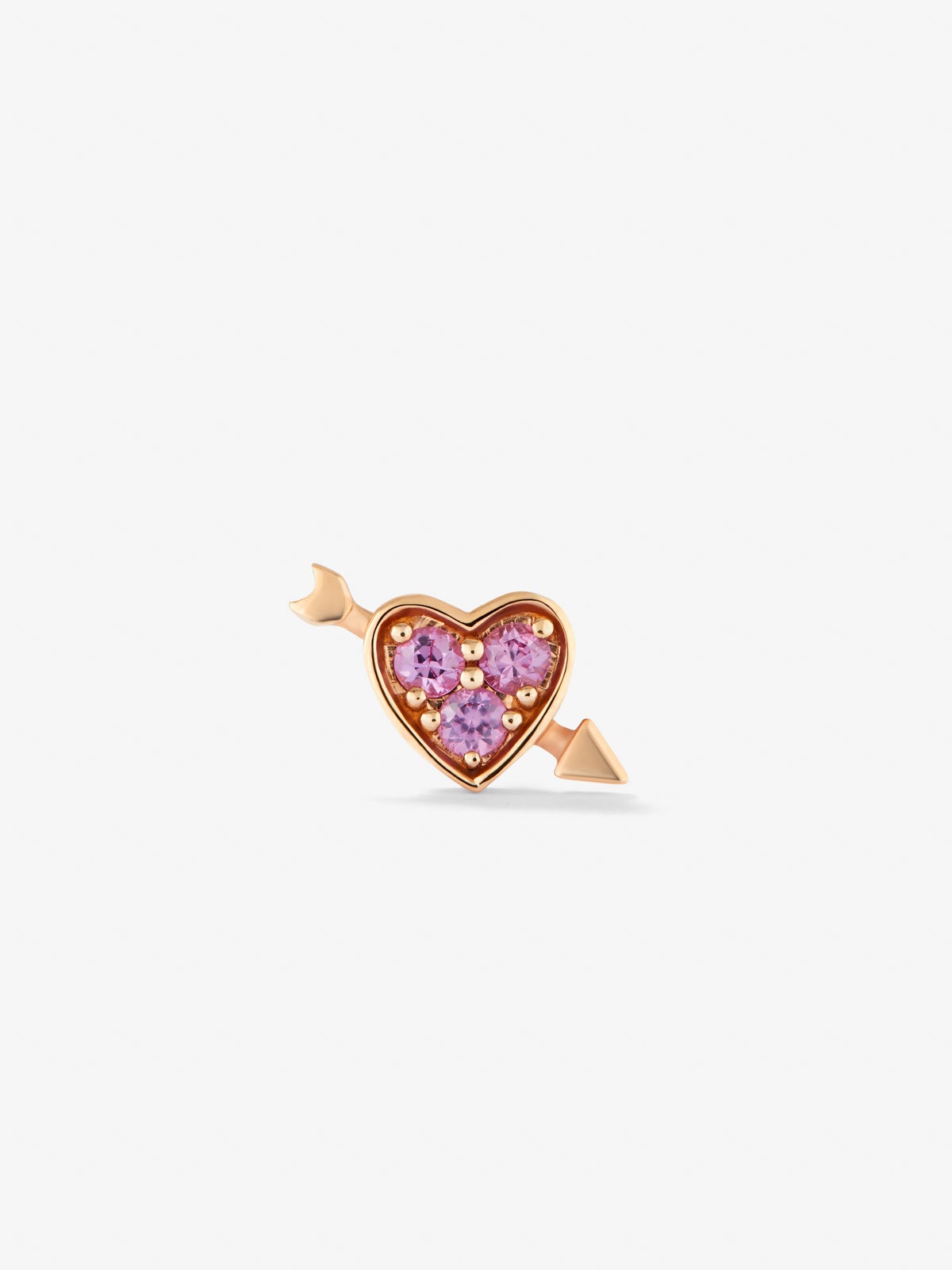 Individual 18K rose gold earring with 3 brilliant-cut pink sapphires with a total of 0.1 cts and heart shape