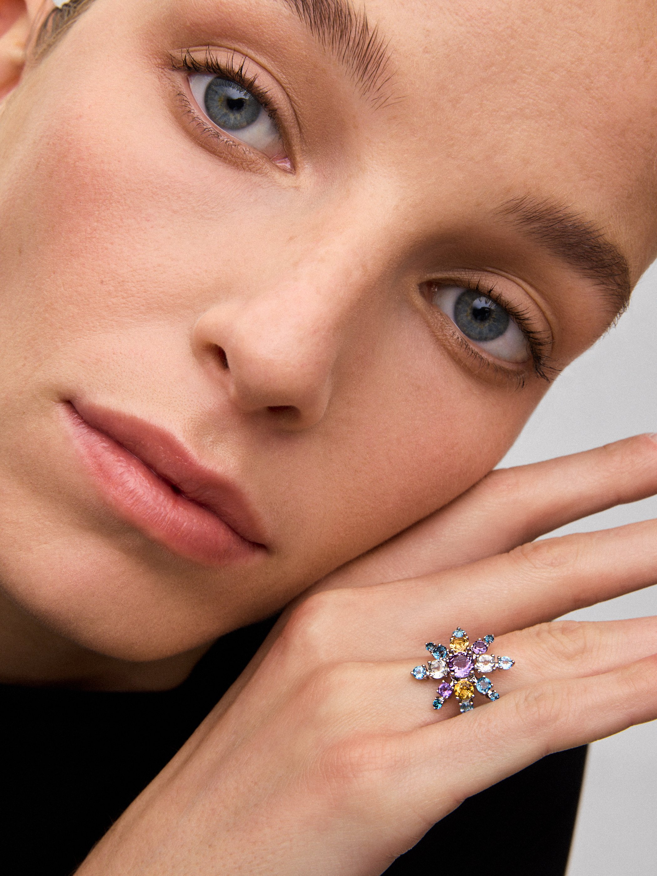 925 silver ring with amethysts, topazes and citrine quartz