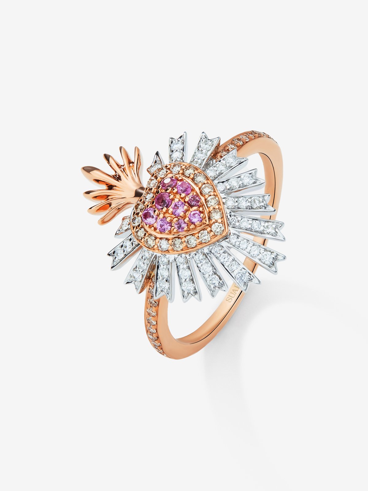 18K pink and white gold ring with 9 brilliant-cut pink sapphires with a total of 0.1 cts, 46 brilliant-cut diamonds with a total of 0.17 cts and 40 brilliant-cut brown diamonds with a total of 0. 17 cts