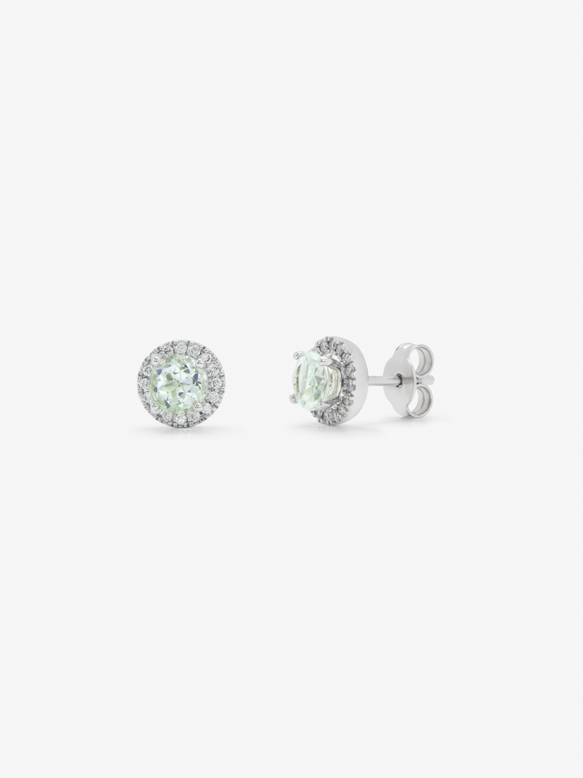18K White Gold Button Earrings with Green Amethyst and Diamond