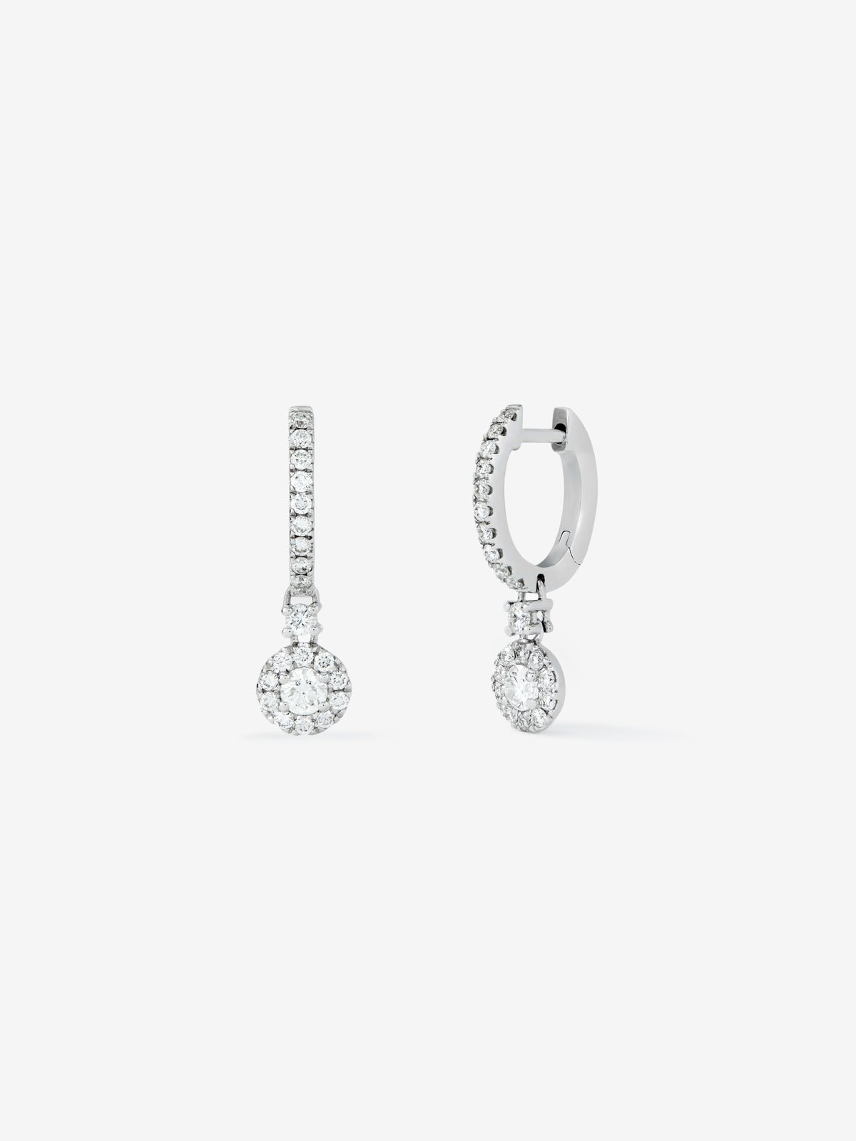 Hoop earrings with solitary pendant encircled by 18K white gold with diamonds