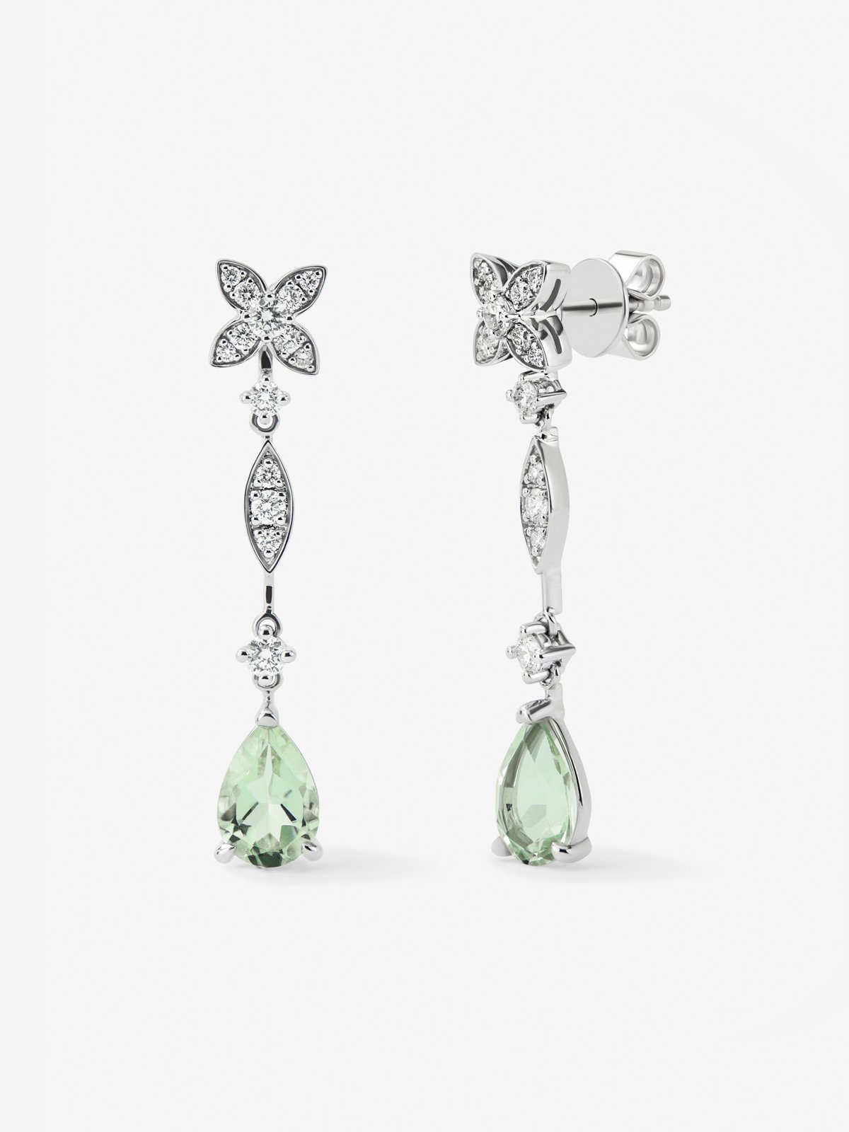18K white gold earrings with 30 brilliant-cut diamonds with a total of 0.63 cts and 2 pear-cut green amethysts