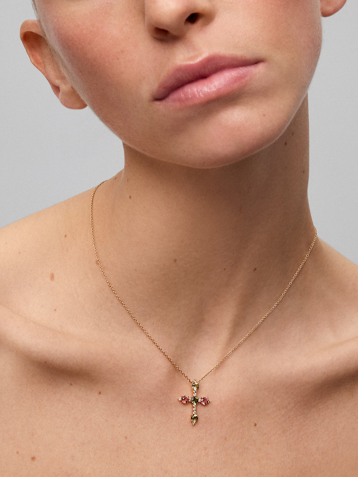 18K Rose Gold Cross Pendant Chain with Green Tourmaline and Pink Tourmaline