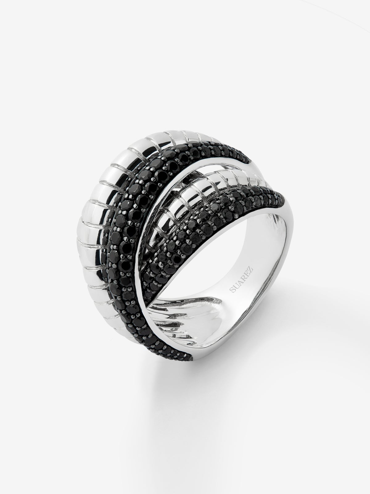 Wide multi-arm 925 silver ring with 213 brilliant-cut black spinels