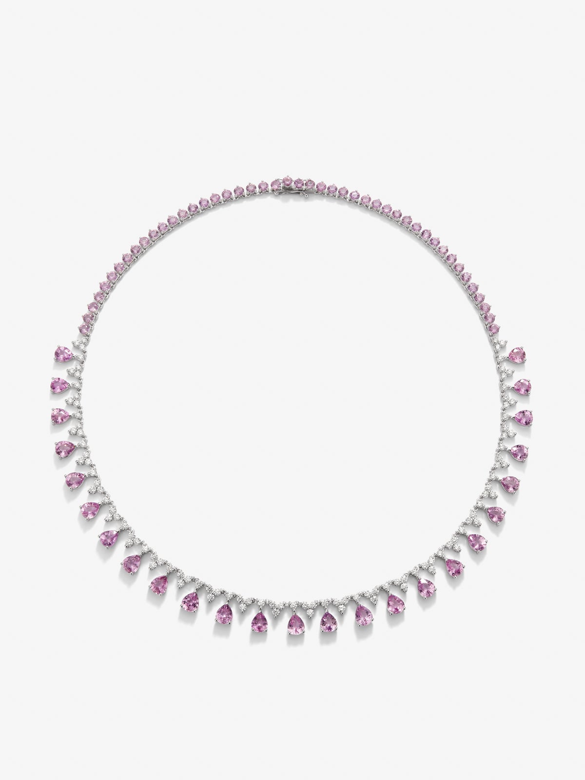 Collar rivière de oro blanco de 18K con zafiros rosas en talla pera y talla brillante de 26,89 cts y diamantes blancos en talla brillante de 3,85 cts